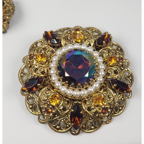 Vtg West Germany Aurora Borealis Amber Topaz Rhinestone Faux Pearl Brooch Set - Picture 7 of 16
